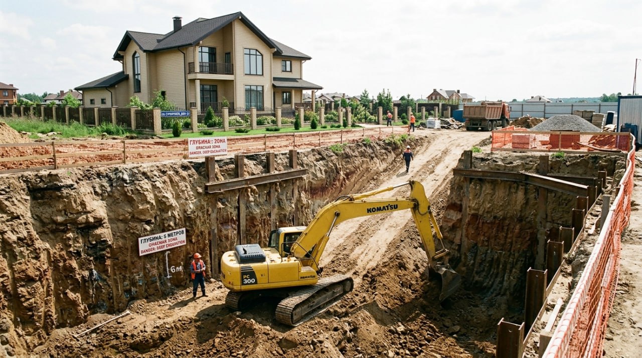 Агаларов Эстейт -- котлован с экскаватором, глубина 6 метров