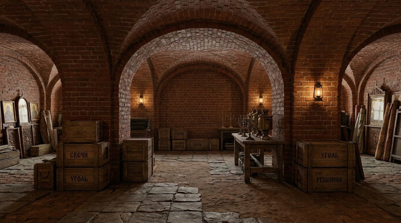 Сухой подвал храма, иконы на стенах, свет из окна, пол сухой