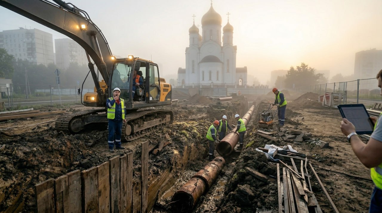 Экскаватор на площадке у храма, раннее утро, бригада работает