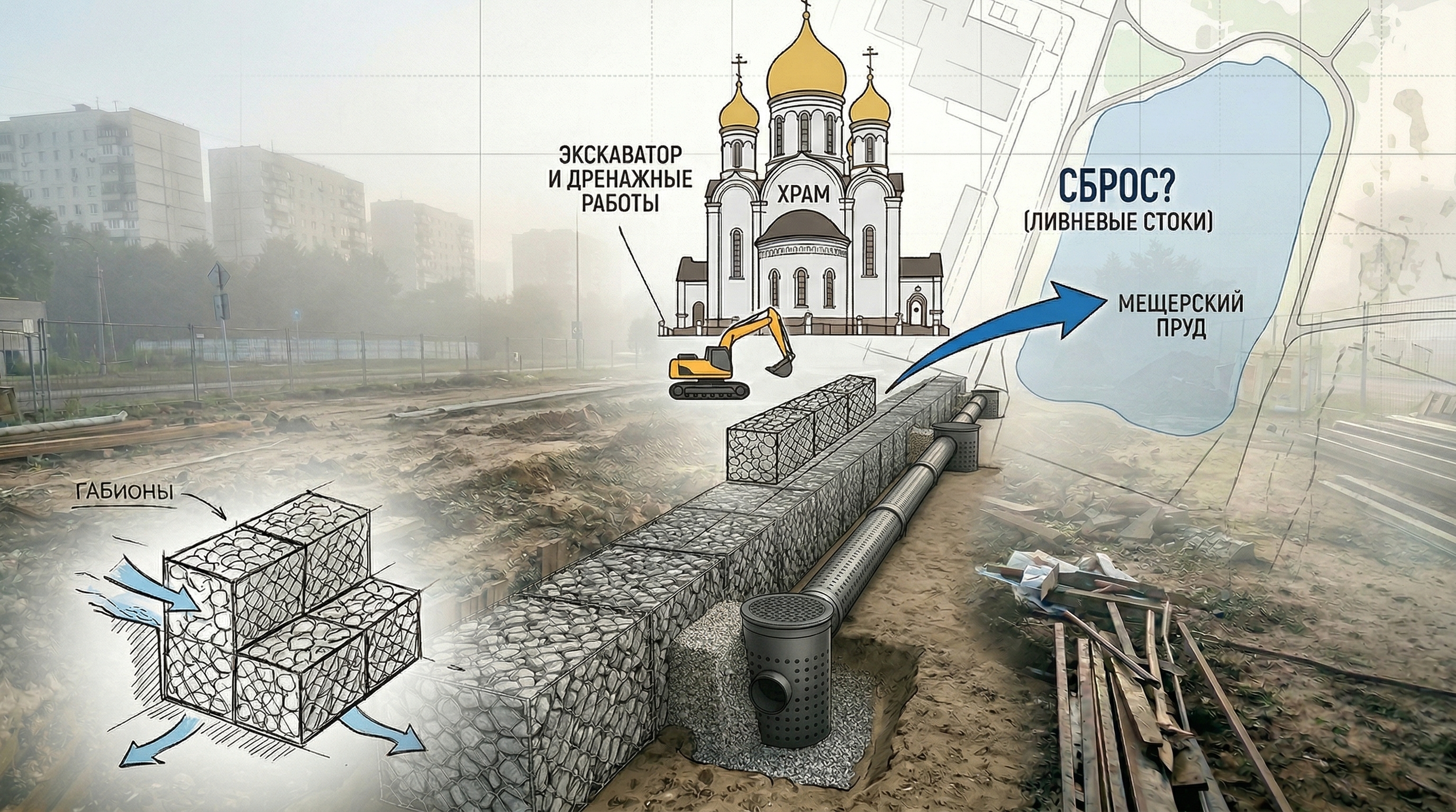 Решение: дренажные колодцы со сверлением, трубы вдоль габионов, отвод воды