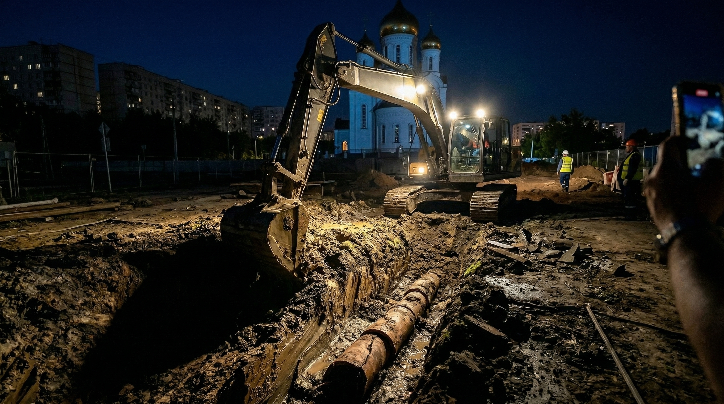 Ночная работа, экскаватор в свете прожекторов, храм на фоне