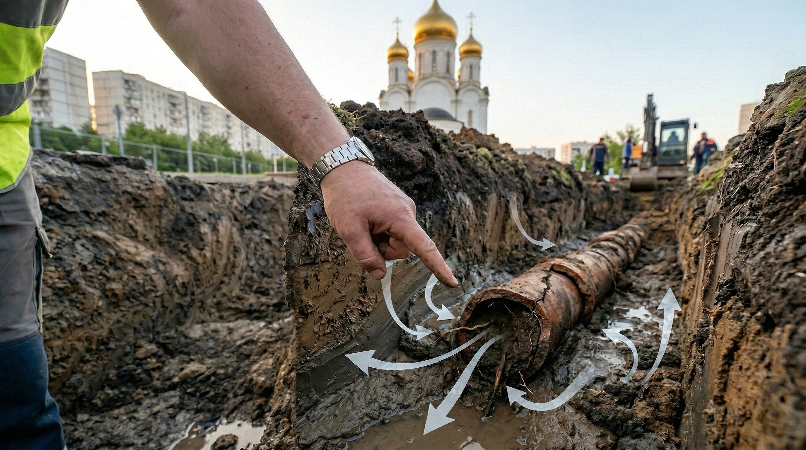 Разрез грунта: старая дренажная труба без колодцев, засыпанная глиной, стрелки показывают застой воды
