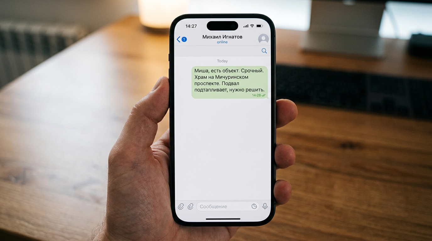Экран телефона с сообщением: Миша, есть объект. Срочный. Храм на Мичуринском проспекте.