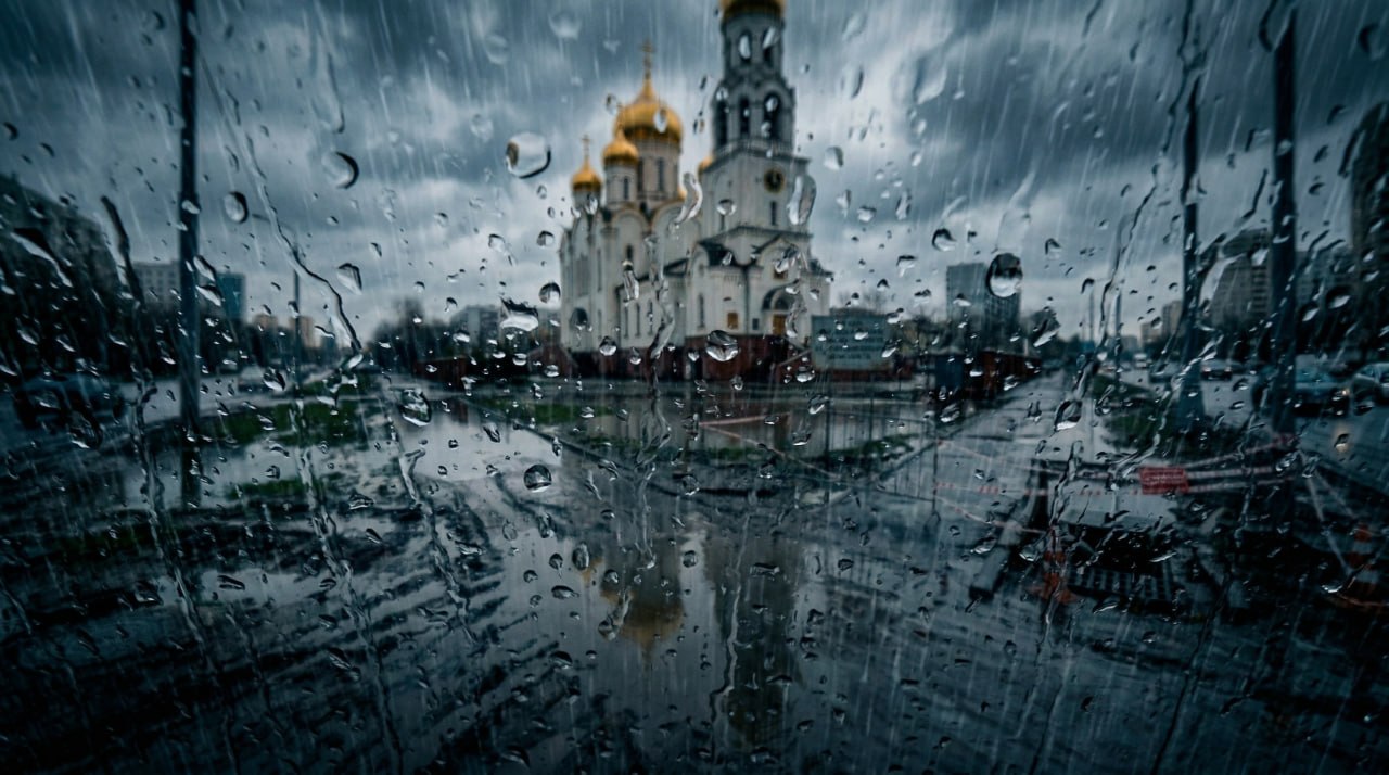 Ливень, капли на объективе, силуэт храма сквозь дождь