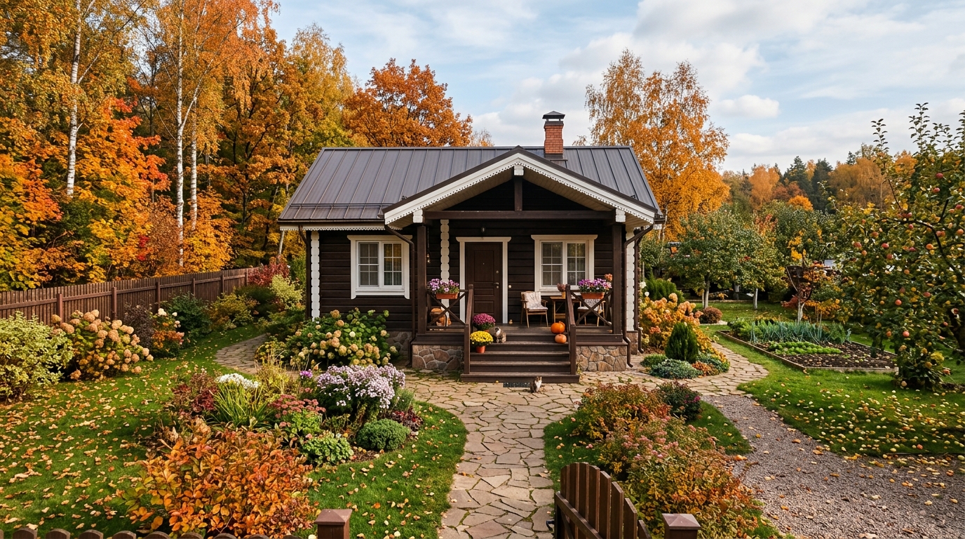 Загородный дом в Подмосковье, ухоженный участок, осень
