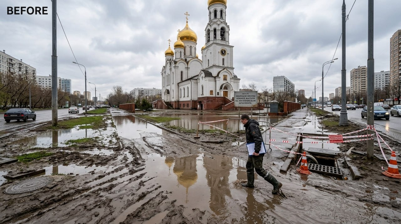 Храм на Мичуринском проспекте, затопленная территория -- до работ